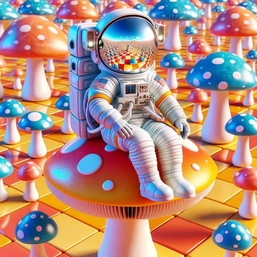 highcompress DALL-E 2023 11 02 12.39.16 Foto cuadrada que muestra a un astronauta con el tamaño corporal de un adulto vestido con un traje espacial de color claro sentado alegremente sobre una enorme seta visto desde un lateral.